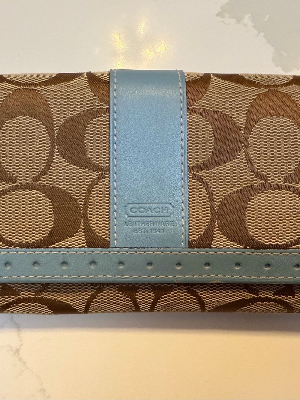 Coach Tan Signature Canvas Wallet with Light Leather Blue Trim